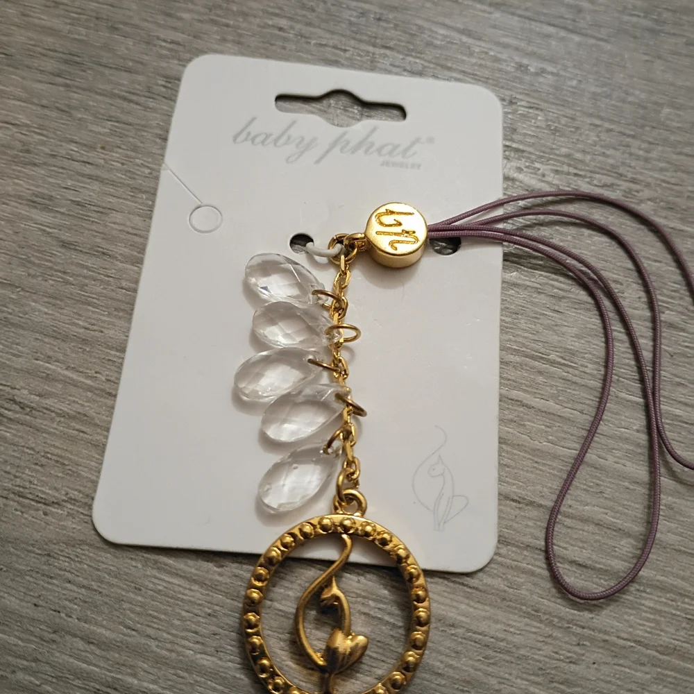 Baby Phat Gold Charm Phone Strap with Clear Crystal Drops and Mauve Cords